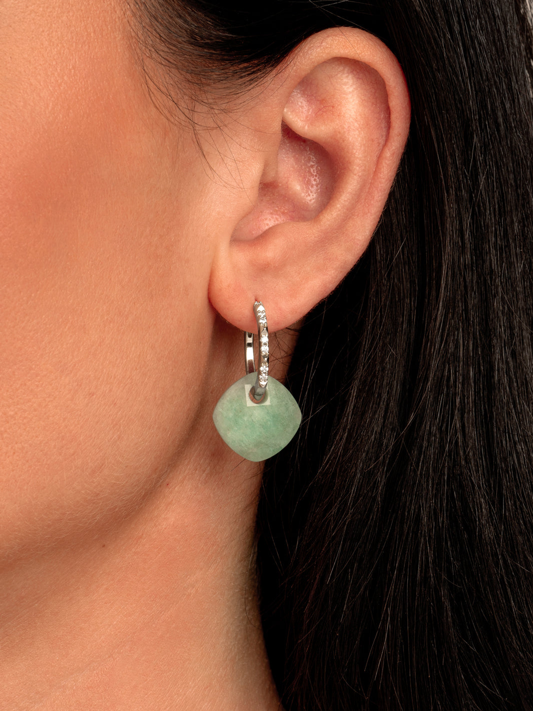 Rich Green Amazonite Cushion Cut Edge CZ Oorbellen Set | Zilver
