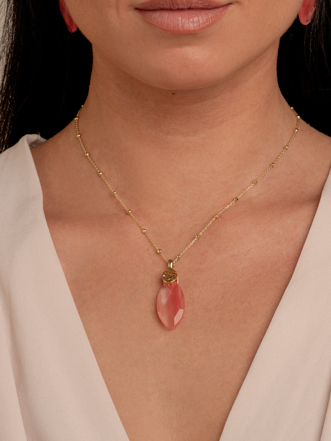 Cherry Quartz Leaf Fuse Ketting Set | Goudkleurig