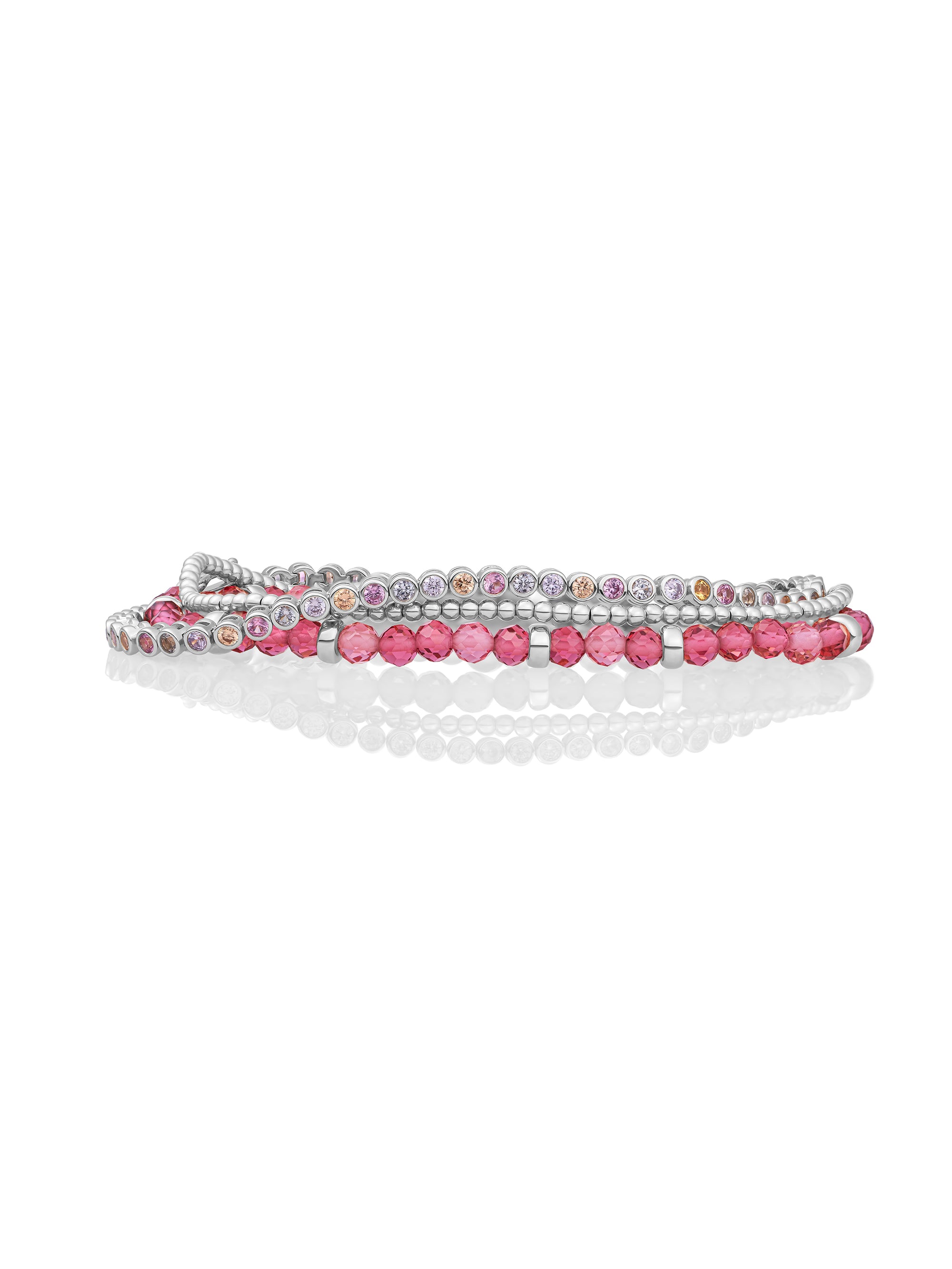 Fuchsia Quartz Roundell Tennis Round Multi CZ Armbanden Stack | Zilver