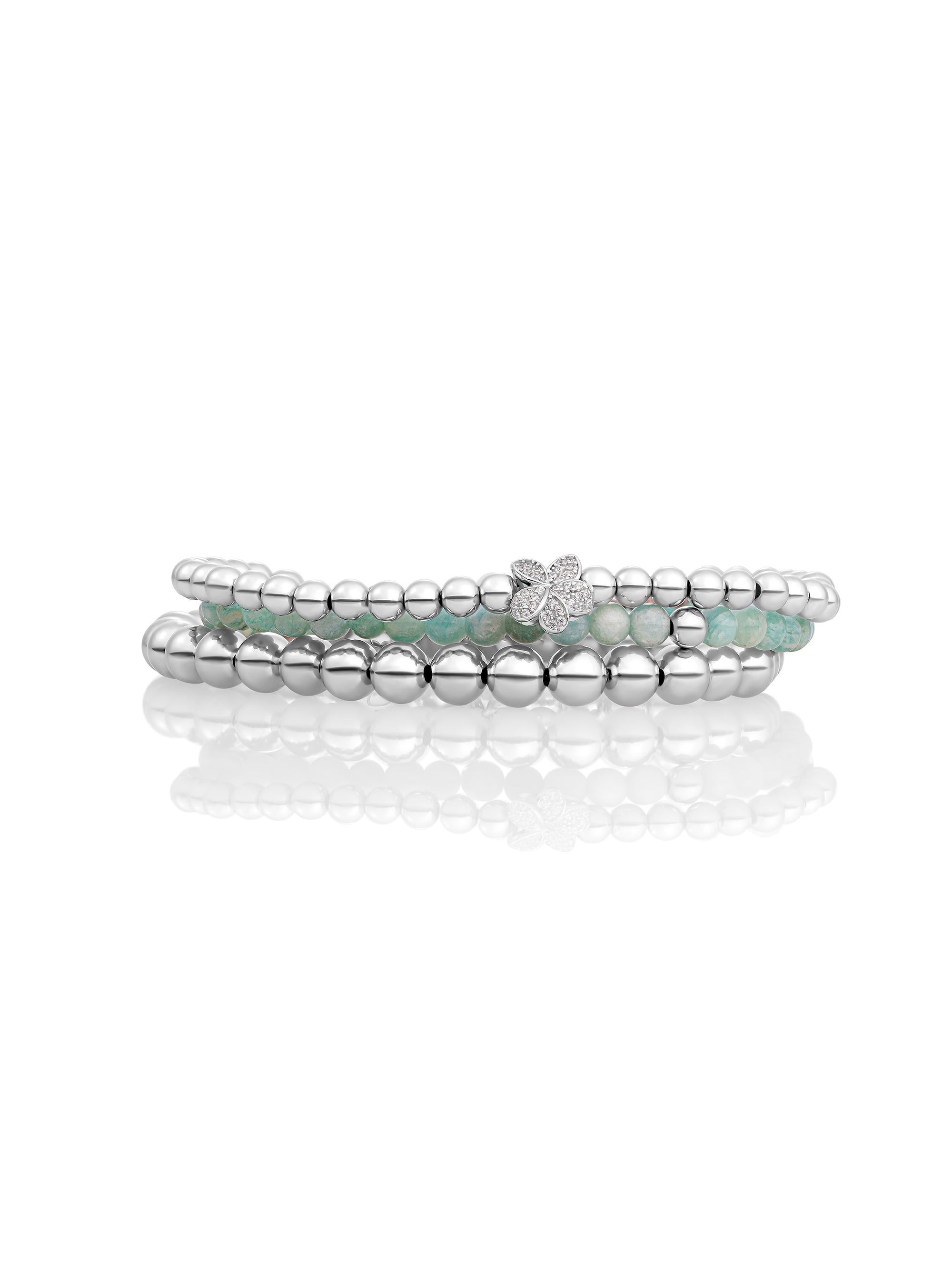 Rich Green Amazonite Flora Disc Armbanden Stack | Zilver