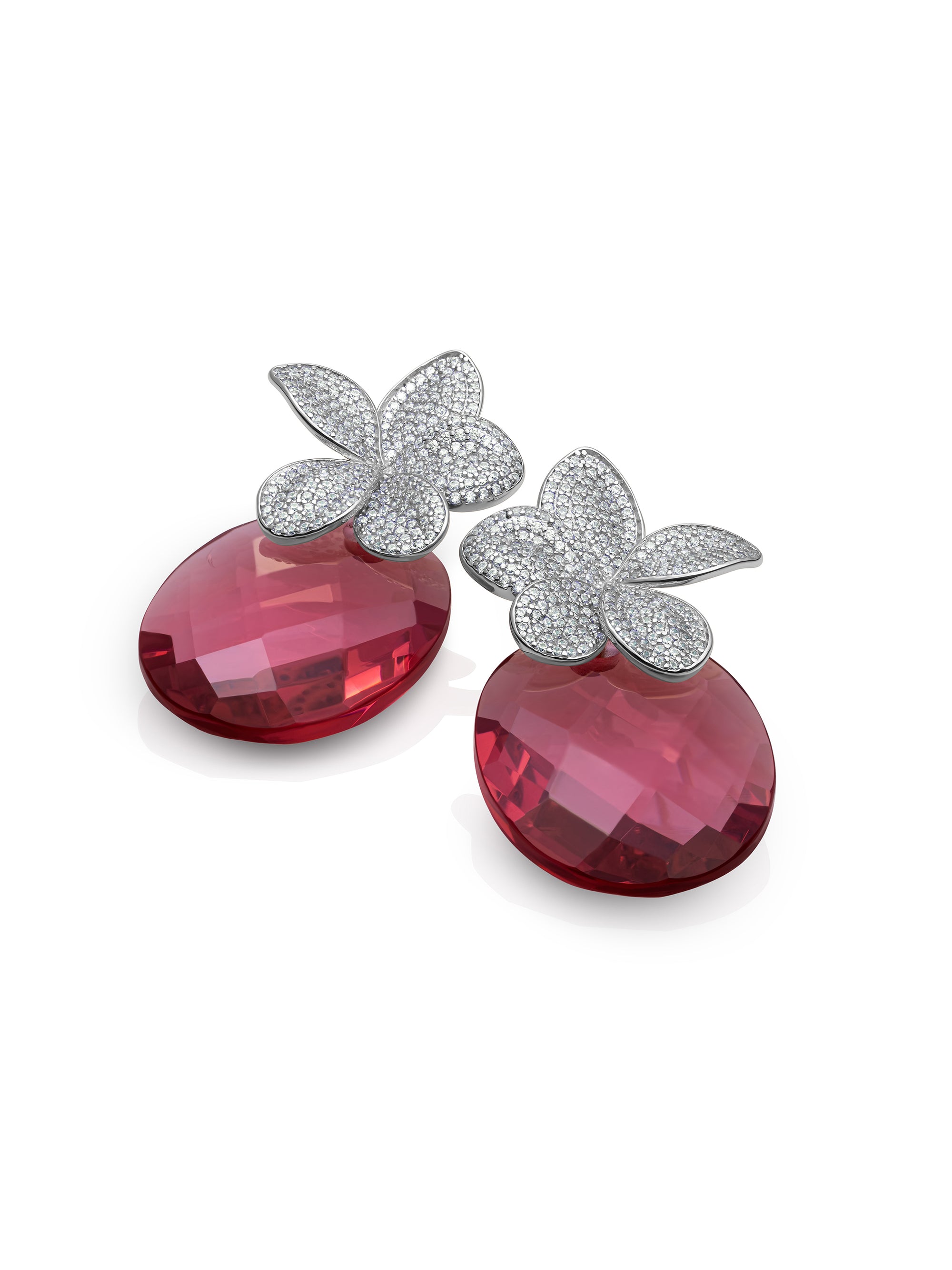 Fuchsia Quartz Large oval Flora Push Back CZ Oorbellen set | Zilver