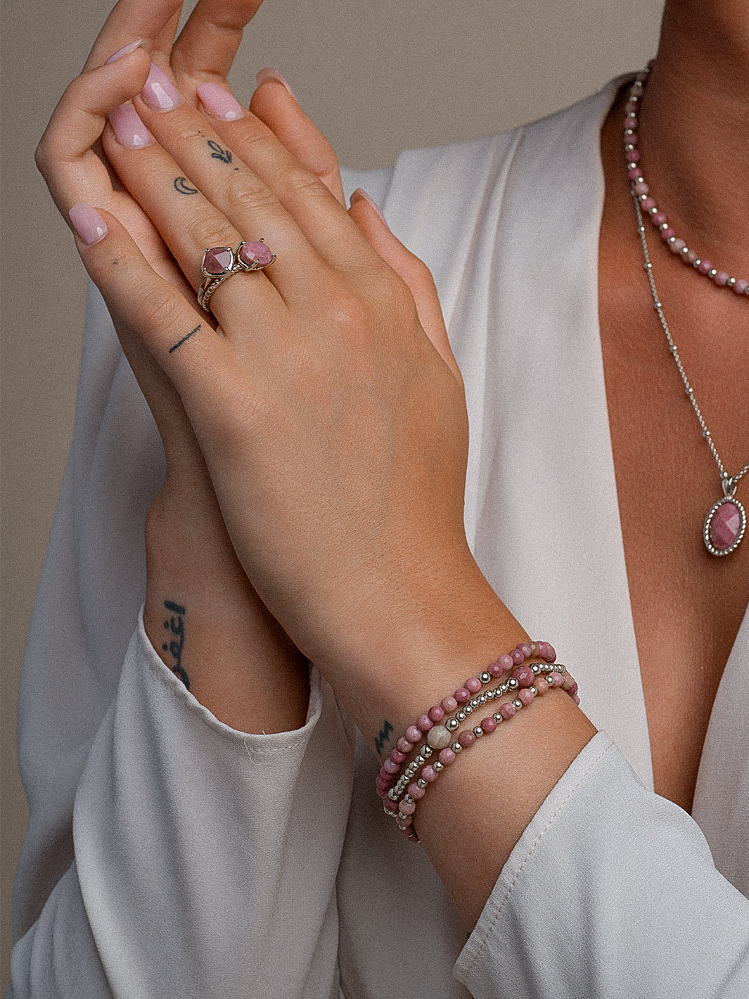 Pink Rhodonite Reverse Bold Mix Armbanden Stack l Zilver