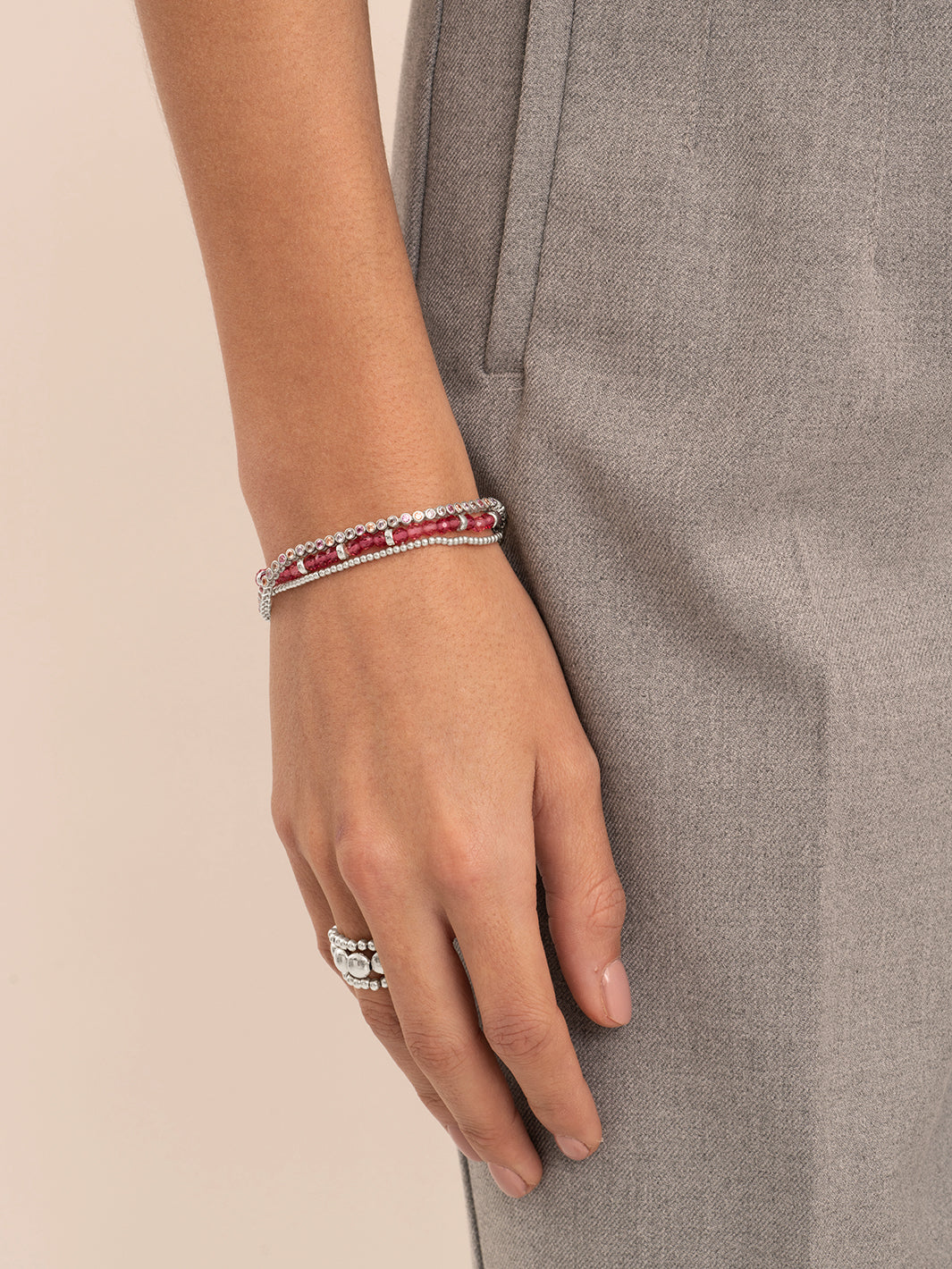 Fuchsia Quartz Roundell Tennis Round Multi CZ Armbanden Stack | Zilver