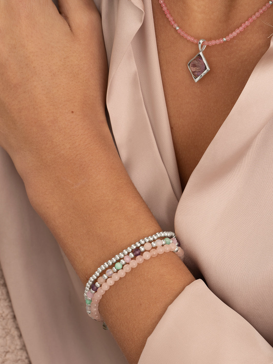 Rose Quartz Multi Gem Interstellar Armbanden Stack | Zilver
