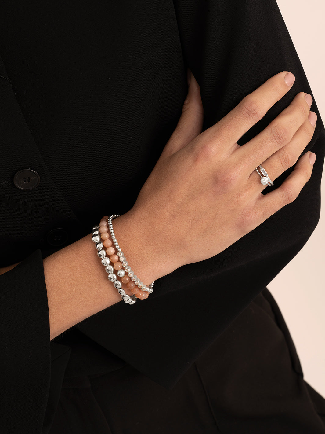 Sunstone Saturn Large Bubble Beads Armbanden Stack | Zilver