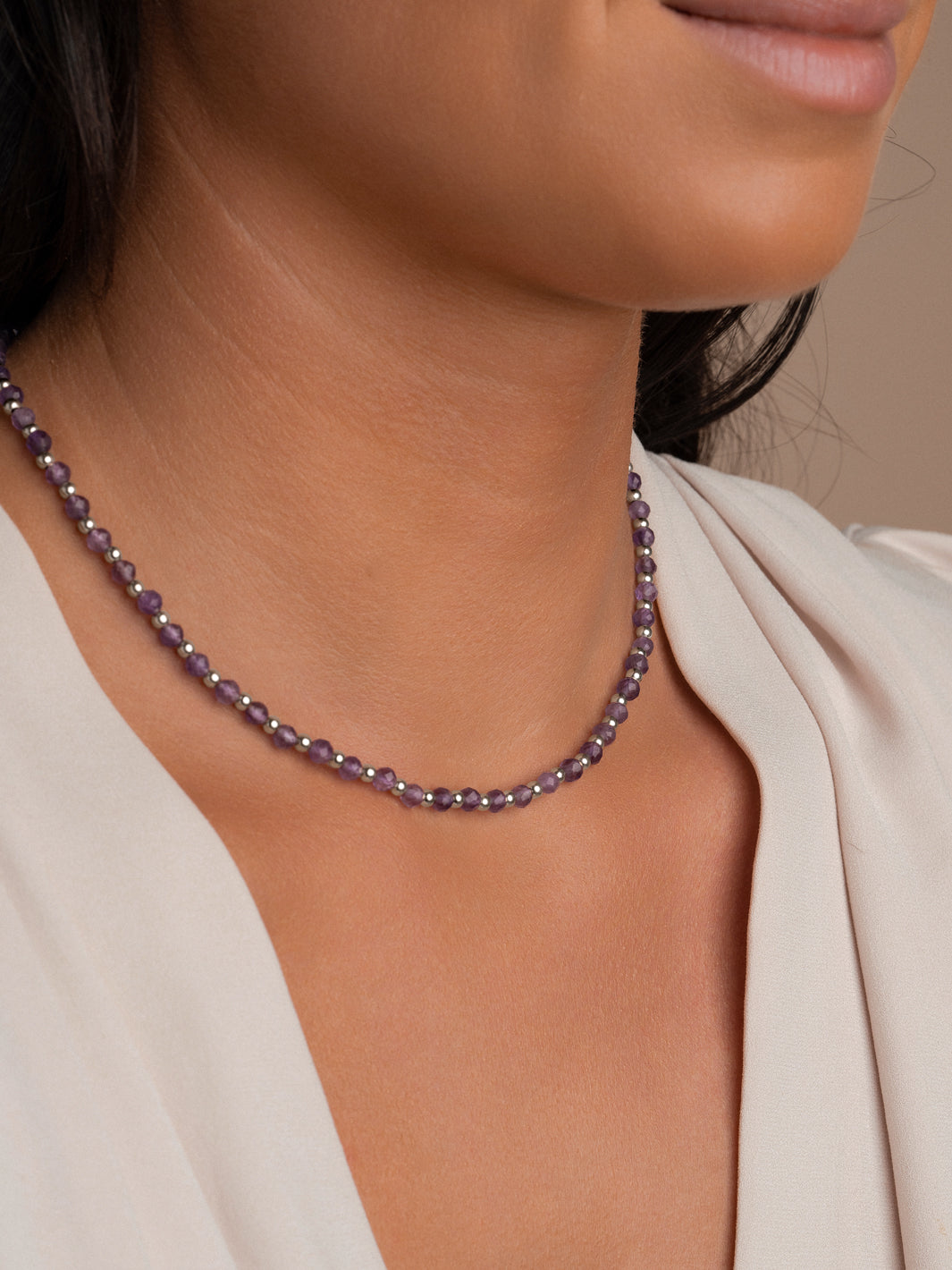 Echt zilveren ketting voor vrouwen met kralen van amethist edelsteen