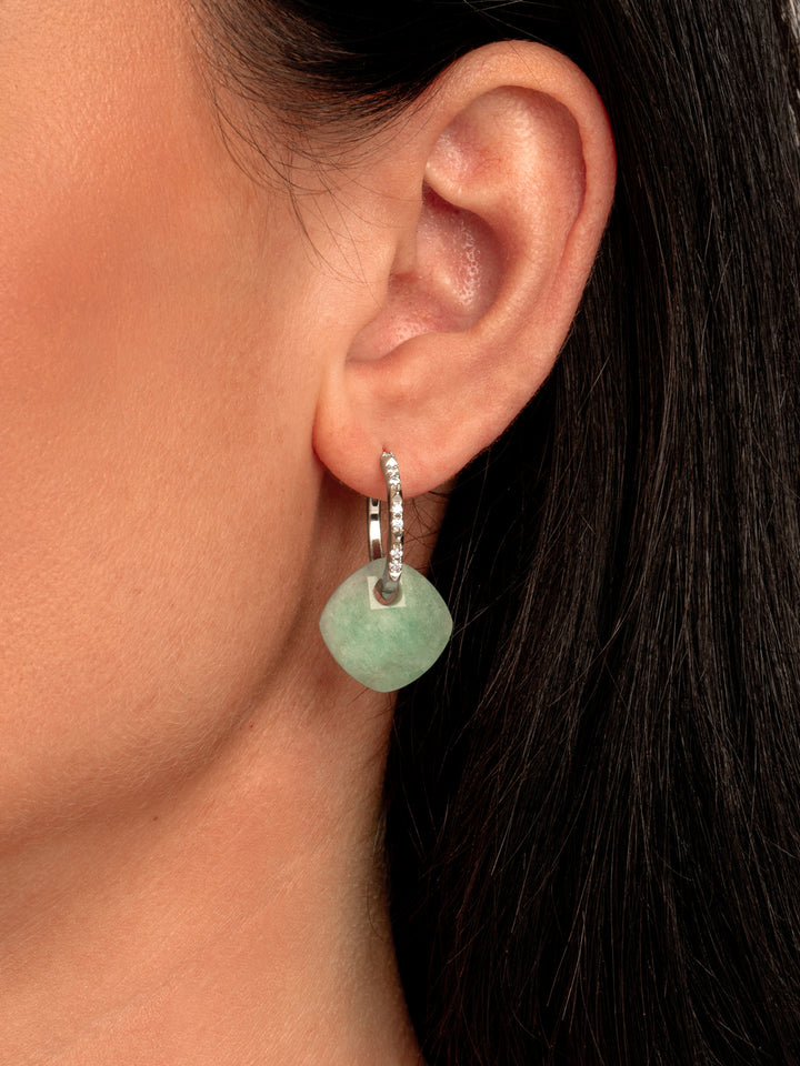 Rich Green Amazonite Cushion Cut Edge CZ Oorbellen Set | Zilver