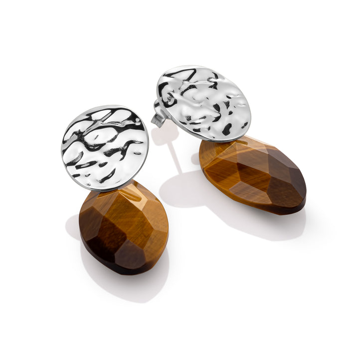 Tiger Eye Leaf Round Clip Oorbellen Set | Zilver