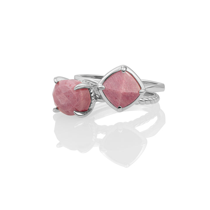 Pink Rhodonite Edge & Twist Ringen Set | Zilver