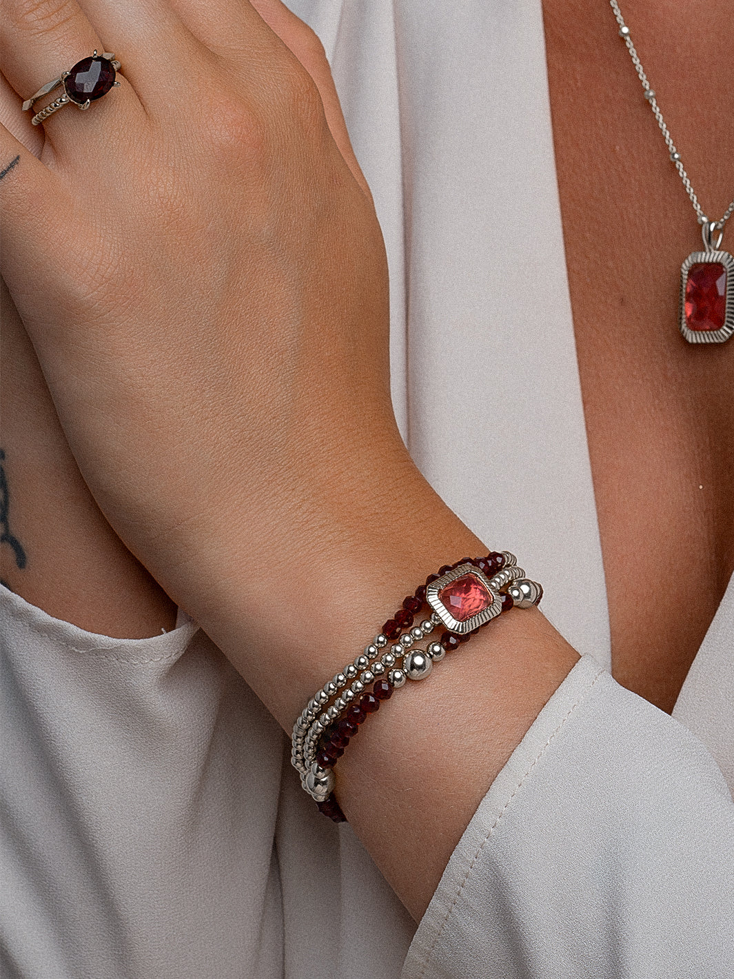 Ruby Quartz Baguette Armbanden Stack l Zilver