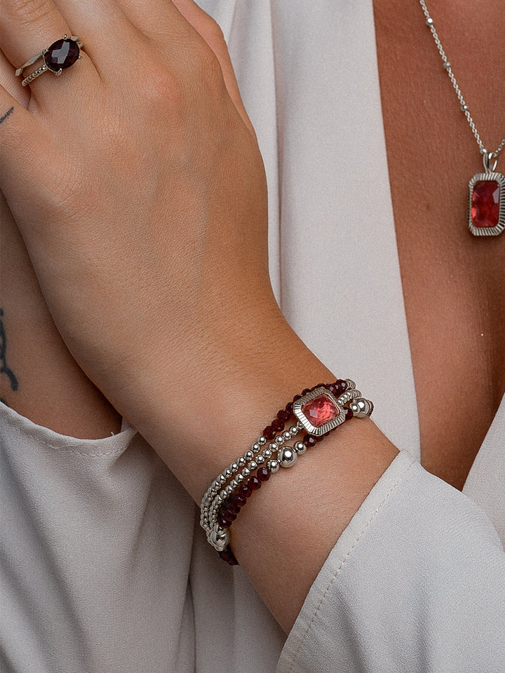 Ruby Quartz Baguette Armbanden Stack l Zilver