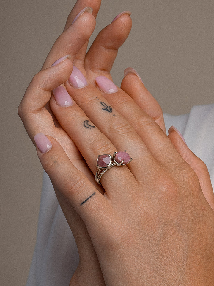 Pink Rhodonite Edge & Twist Ringen Set | Zilver