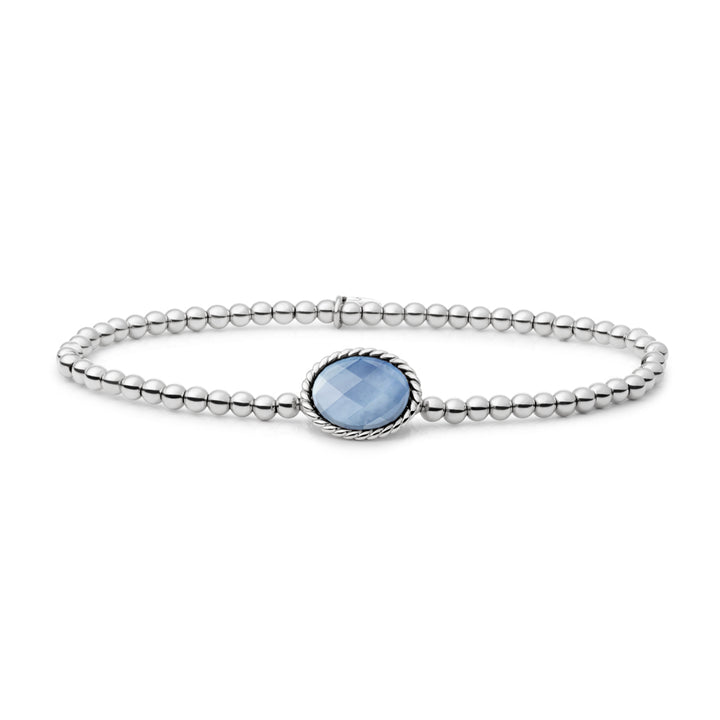 Twist bedel met blauwe lace agaat aan kralen armband in het zilver #kleur_zilver